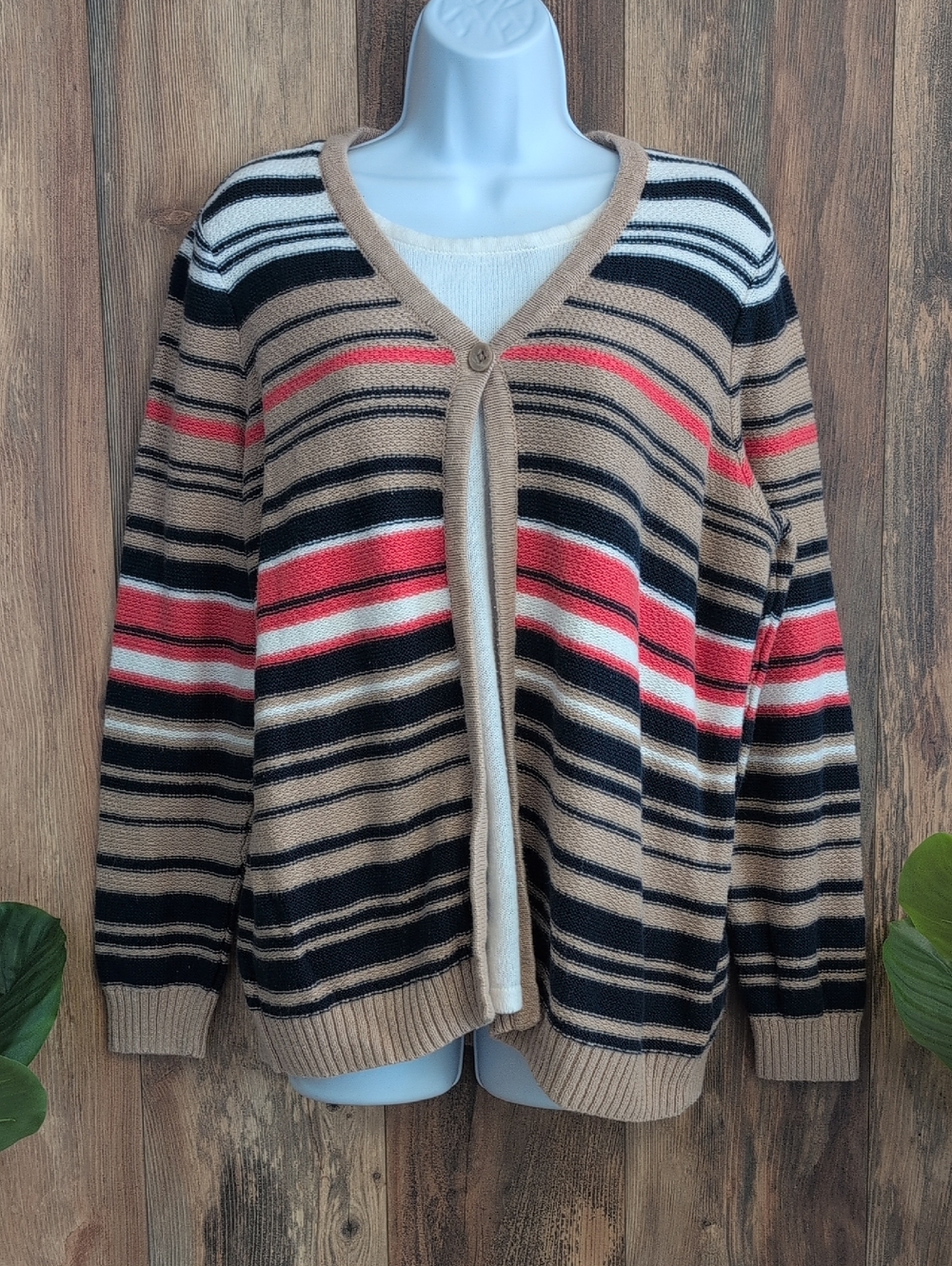 breckenridge Striped V-Neck Cardigan Layered Sweater 1X 560A